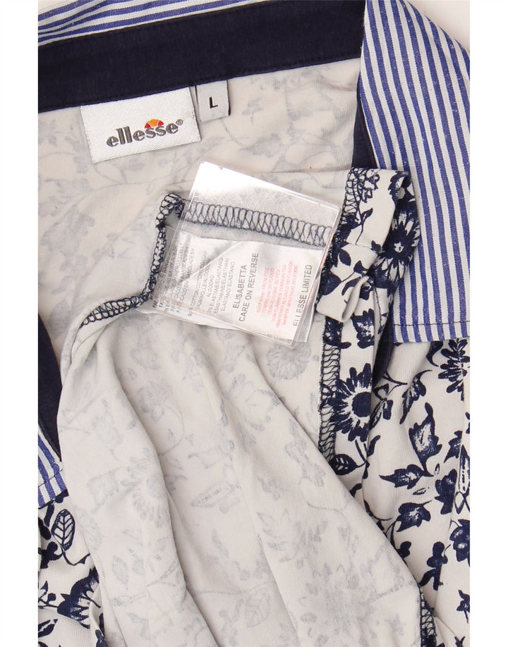 ELLESSE Womens 3/4 Sleeve Pullover Shirt UK 14 Large White Floral Cotton