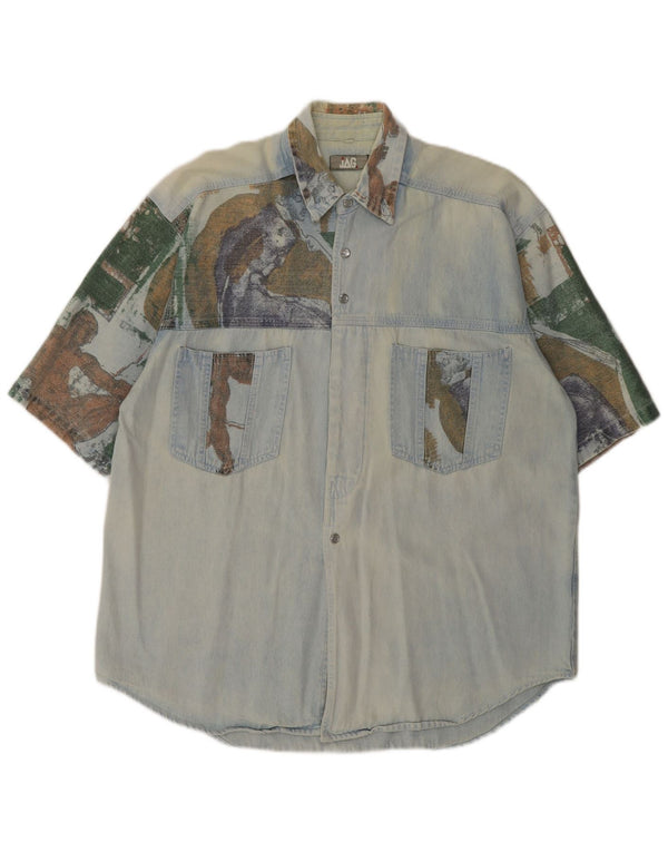 Винтажная мужская джинсовая рубашка с коротким рукавом, большая синяя лоскутная ретро