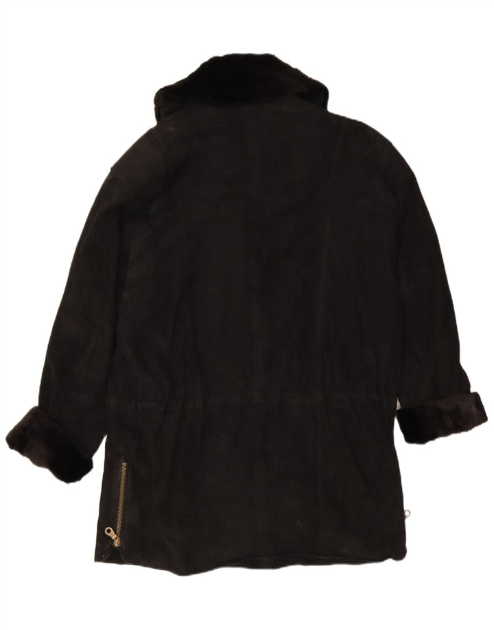 Винтажное женское замшевое пальто большого размера EU 38, средний черный кожаный цвет