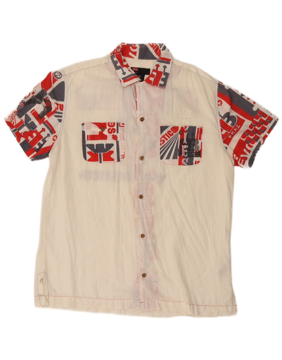 Мужская рубашка DIESEL с коротким рукавом и рисунком, белый цвет, хлопок с цветными блоками
