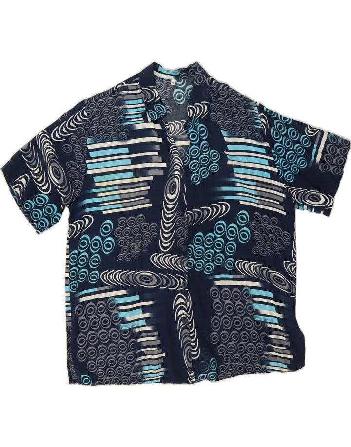 VINTAGE Mens Abstract Pattern Short Sleeve Shirt Medium Navy Blue Viscose Vintage Vintage and Second-Hand Vintage from Messina Hembry 