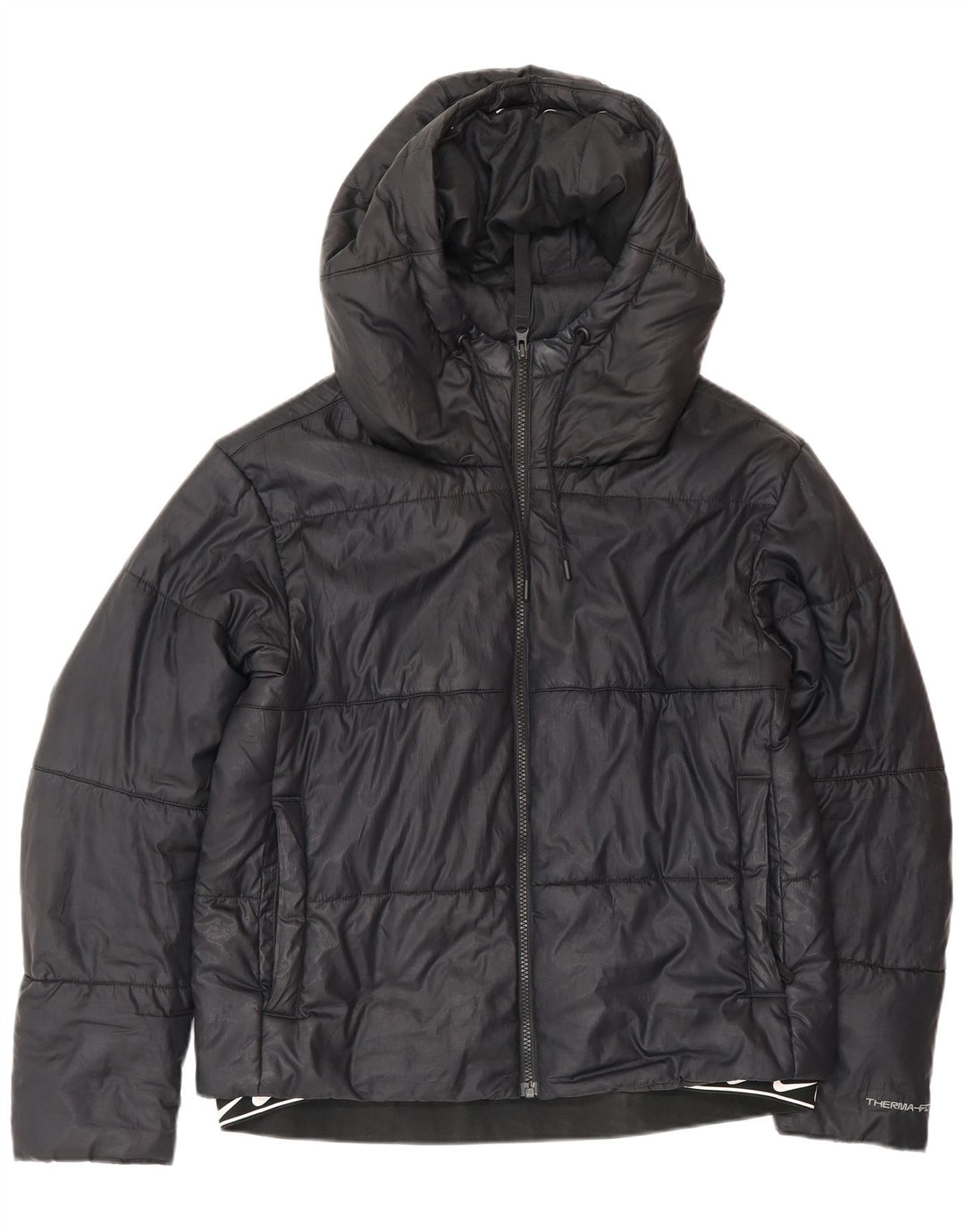 Женская стеганая куртка с капюшоном и графикой NIKE Therma-Fit UK 14, средний черный цвет