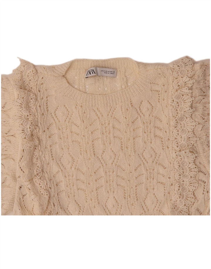 Женский укороченный джемпер с круглым вырезом ZARA UK 12, хлопковый средний бежевый цвет