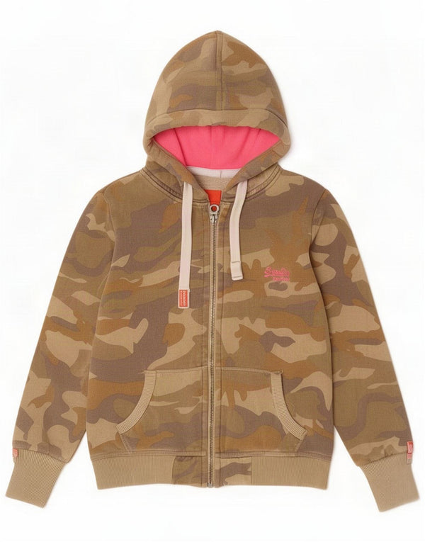 Женский свитер с капюшоном на молнии Superdry UK 10, маленький цвет хаки, камуфляжный хлопок