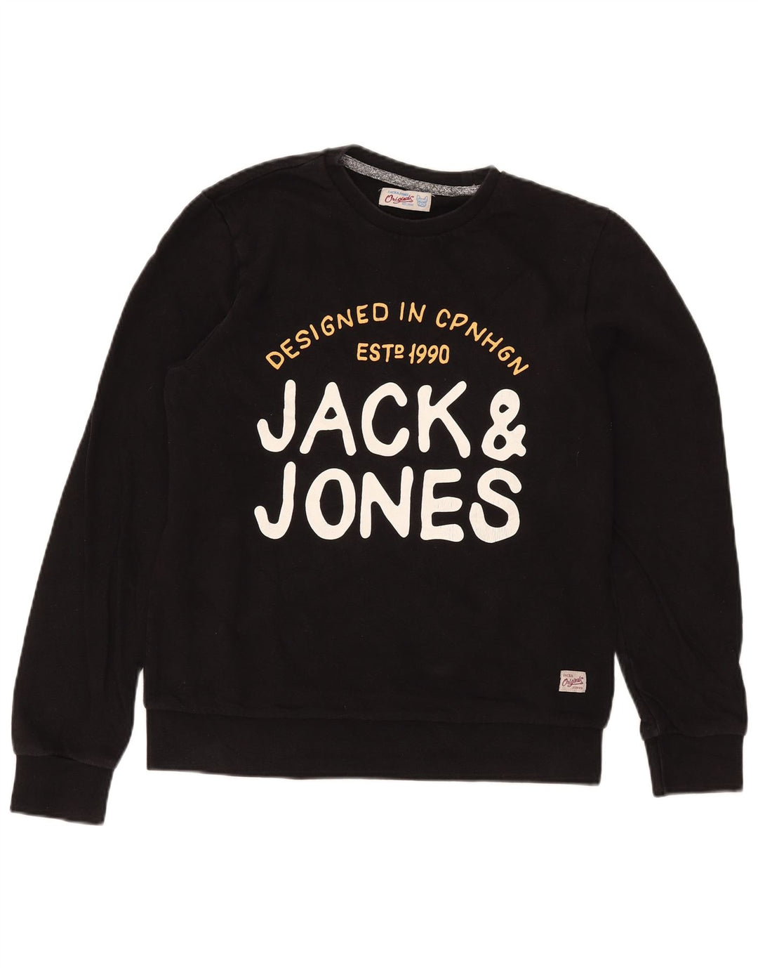 Мужской свитшот с рисунком Jack & Jones, хлопковый джемпер среднего размера, черный