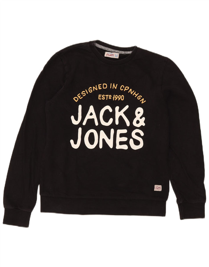 Мужской свитшот с рисунком Jack & Jones, хлопковый джемпер среднего размера, черный