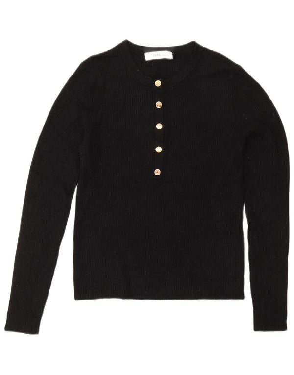 Женский укороченный джемпер с воротником на пуговицах ZARA UK 12, средний черный вискоза