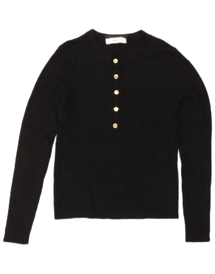 Женский укороченный джемпер с воротником на пуговицах ZARA UK 12, средний черный вискоза