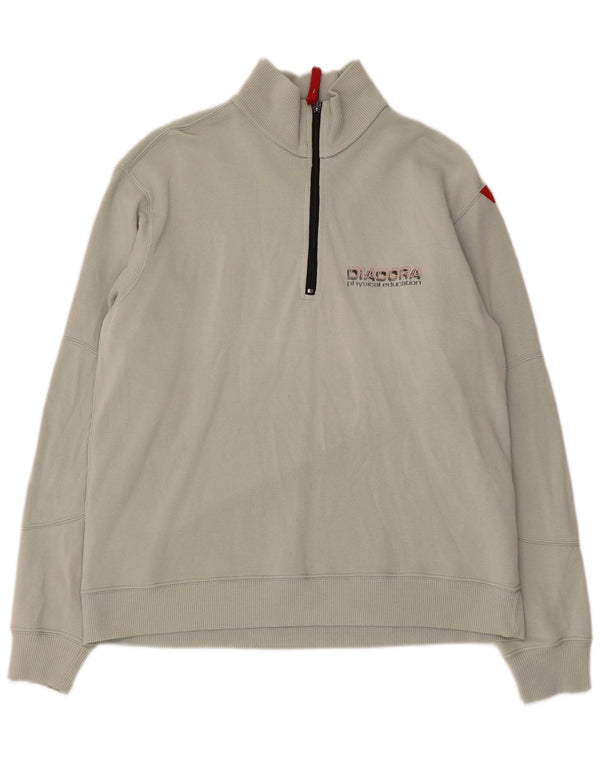 DIADORA Mens Graphic Zip Neck Sweatshirt Jumper Large Grey Cotton