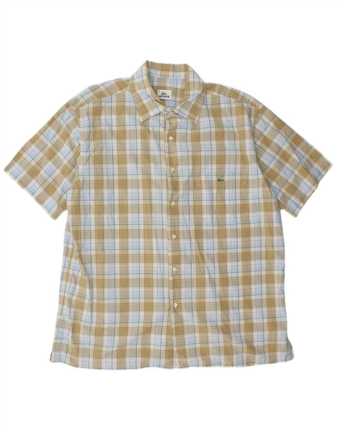 LACOSTE Мужская рубашка с коротким рукавом, размер 46, 2XL, хаки в клетку