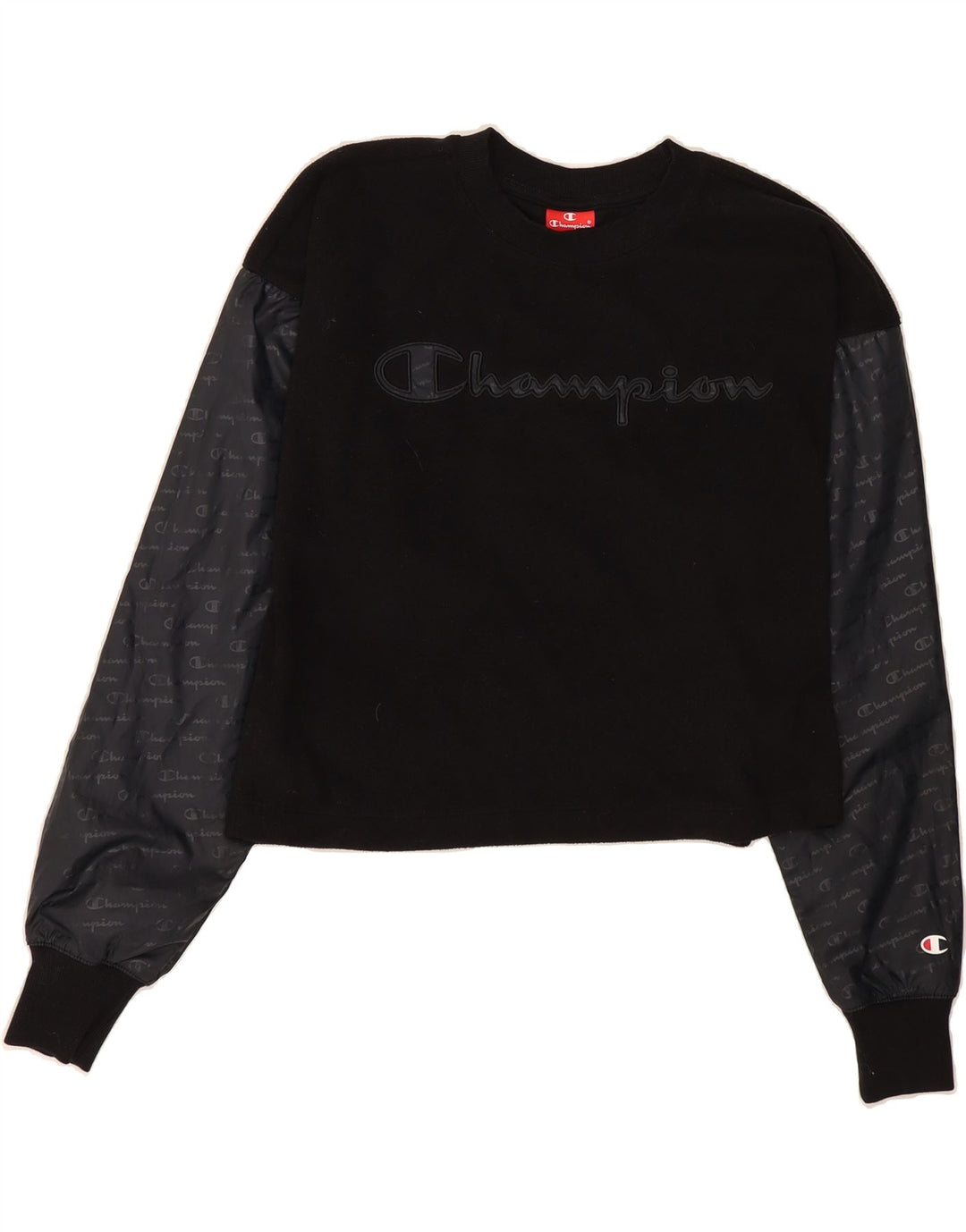 CHAMPION Womens Oversized Crop Graphic Sweatshirt Jumper UK 10 Small Black Vintage Champion and Second-Hand Champion from Messina Hembry 