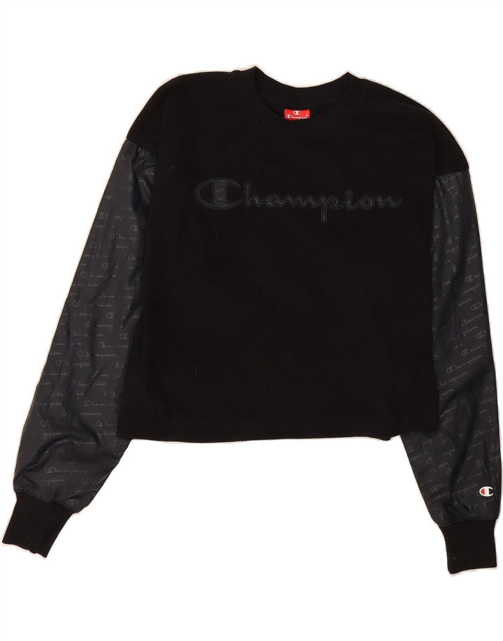 CHAMPION Womens Oversized Crop Graphic Sweatshirt Jumper UK 10 Small Black Vintage Champion and Second-Hand Champion from Messina Hembry 