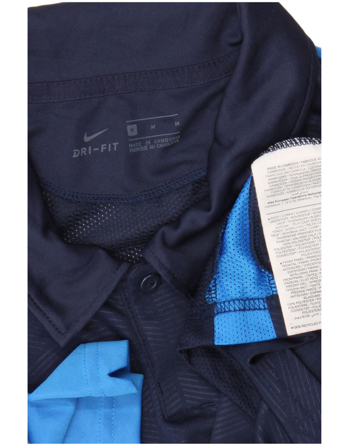 Мужская рубашка-поло Nike Dri Fit среднего размера, темно-синяя, полиэстер с цветными блоками