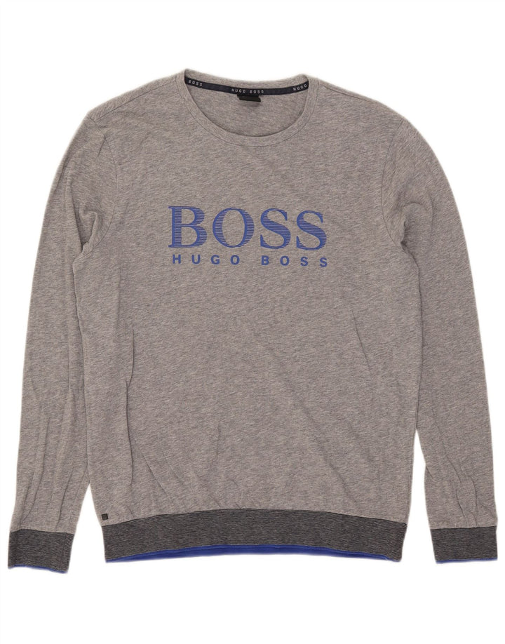 Мужской топ с рисунком Hugo Boss, длинный рукав, средний серый хлопок с крапинками