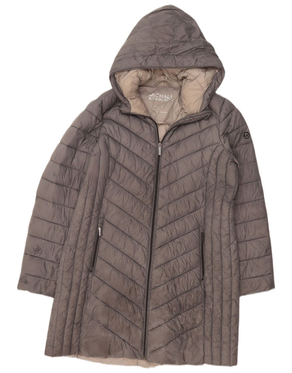Женское стеганое пальто с капюшоном MICHAEL KORS UK 16, большой серый нейлон