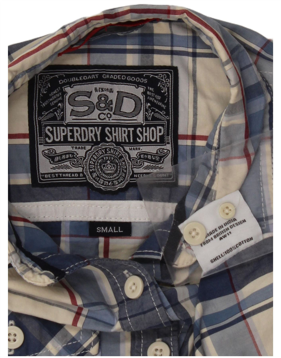 SUPERDRY Женская рубашка UK 10, маленькая синяя клетка, хлопок