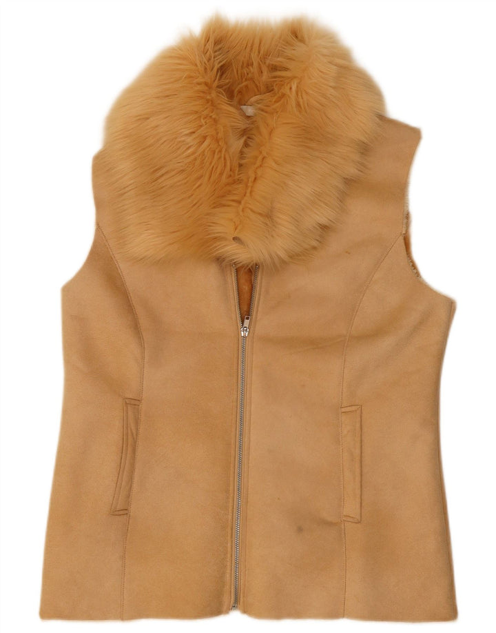 DEBENHAMS Womens Sherpa Gilet UK 14 Large Beige Polyester