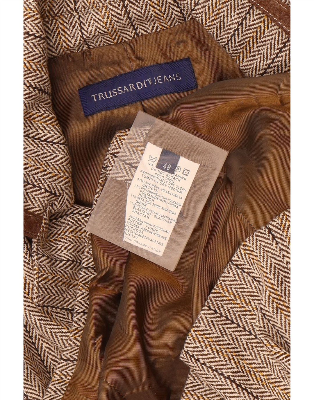 TRUSSARDI JEANS Womens 3 Button Blazer Jacket IT 48 XL Brown Herringbone