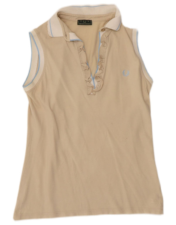 Женская рубашка поло FRED PERRY с рюшами спереди, Великобритания, 14, большая, бежевая, с цветными блоками