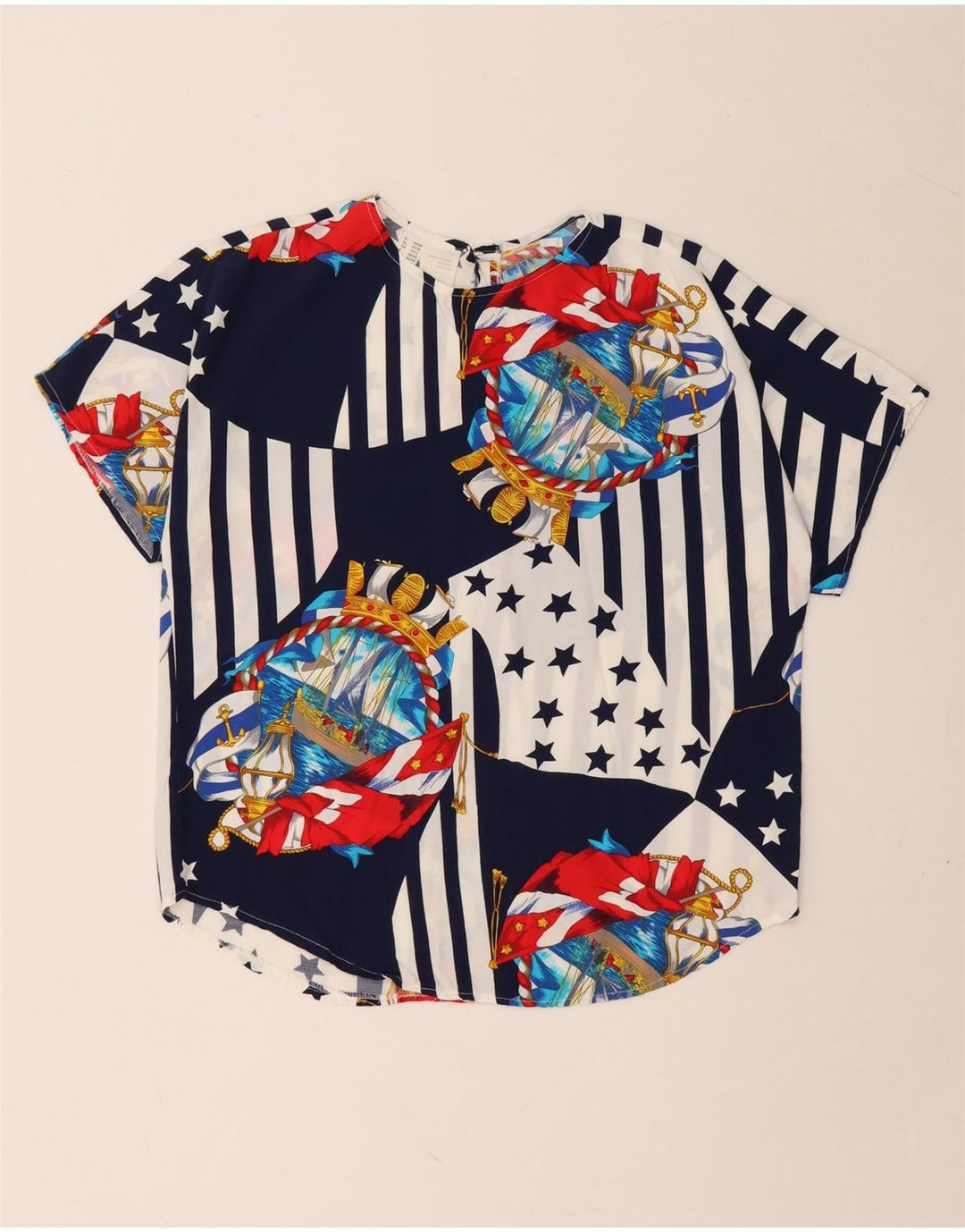 ВИНТАЖНАЯ Женская Блузка Топ Великобритания 10/12 Средний Темно-Синий Цветной блок