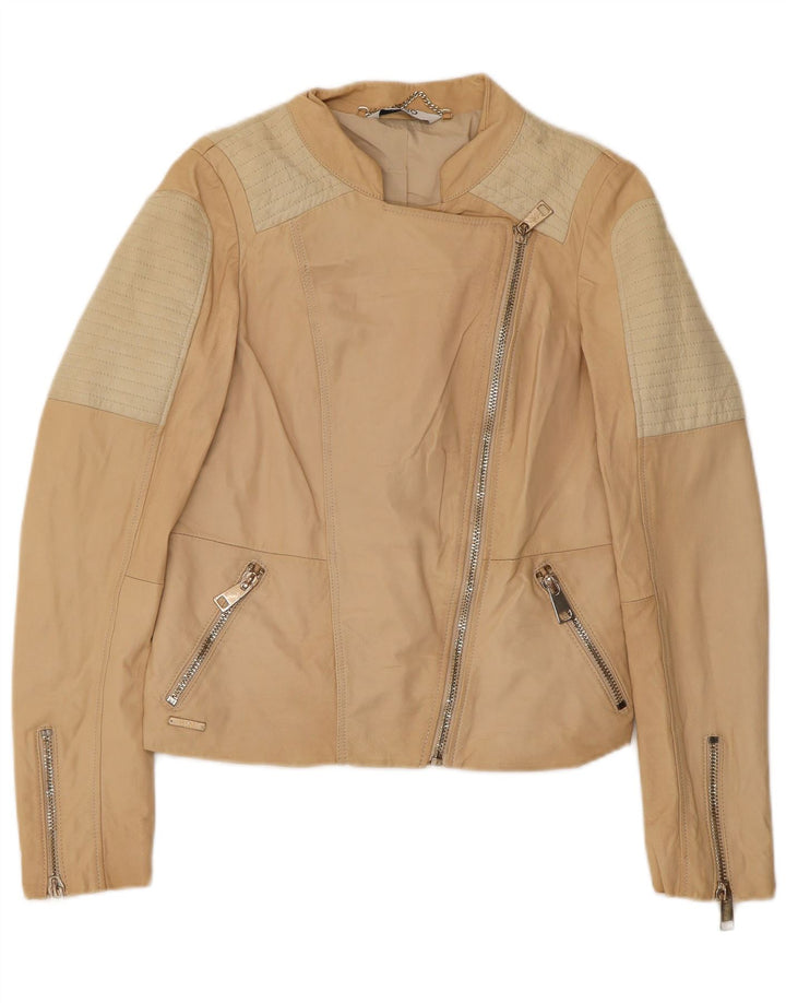 Женская укороченная байкерская куртка Liu Jo IT 42, кожа среднего бежевого цвета с цветными блоками