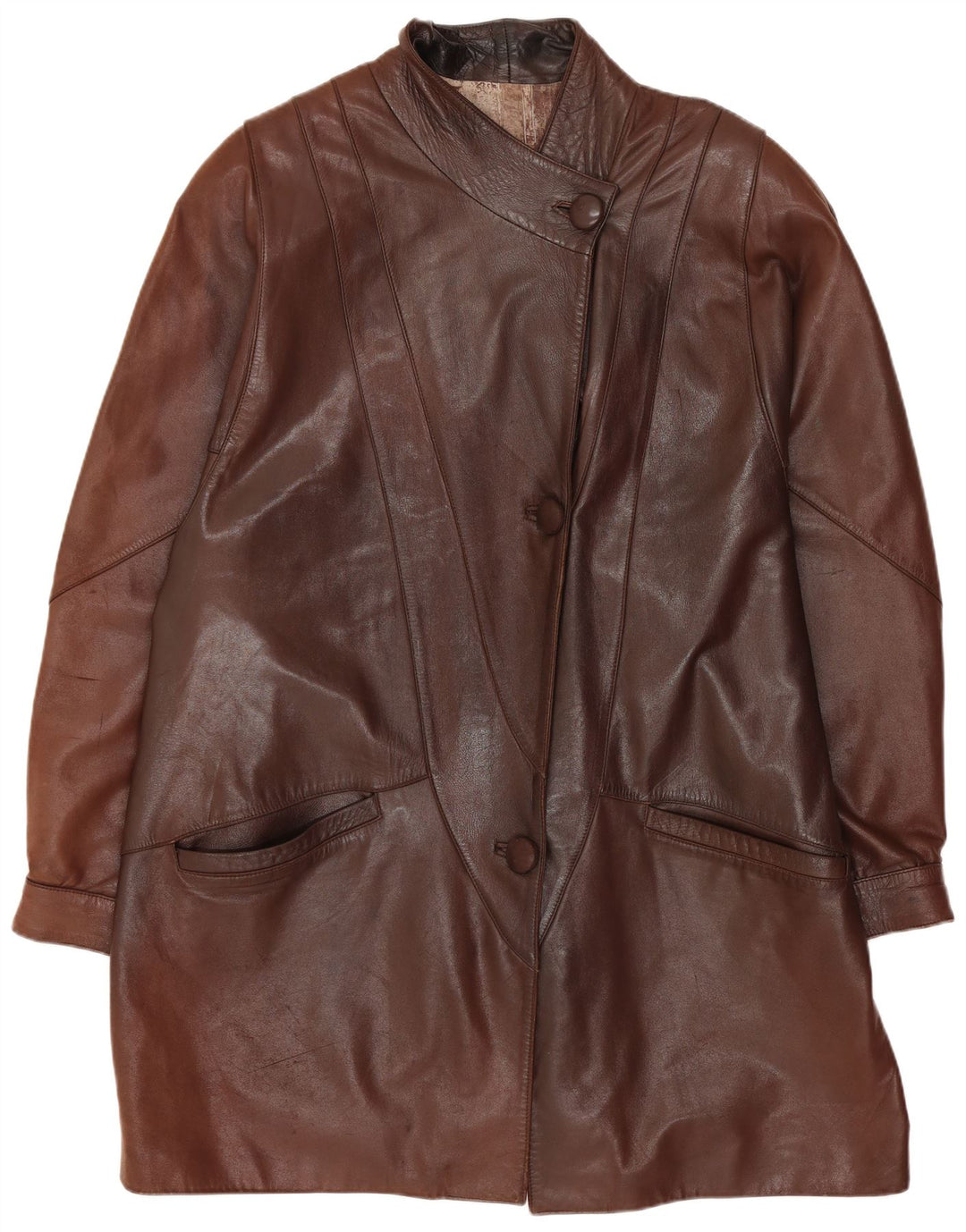 Винтажное женское кожаное пальто оверсайз UK 14, средний коричневый цвет