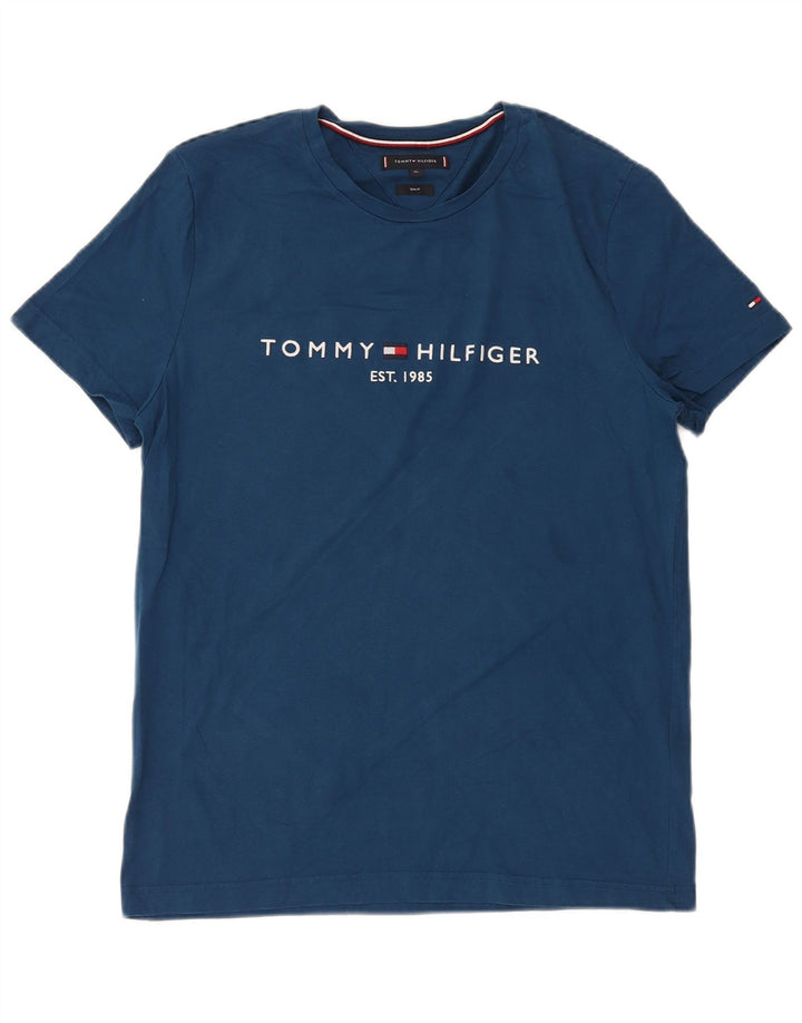 TOMMY HILFIGER Мужская приталенная футболка с рисунком Топ XL Синий Хлопок