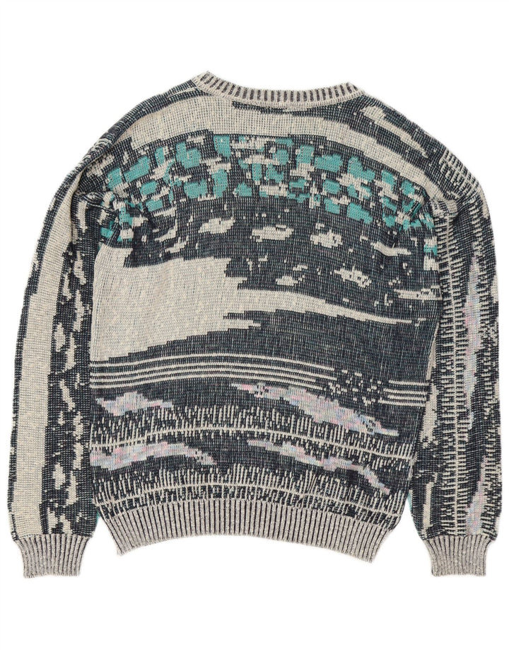 Винтажный мужской свитер с круглым вырезом и абстрактным узором, средний синий цвет