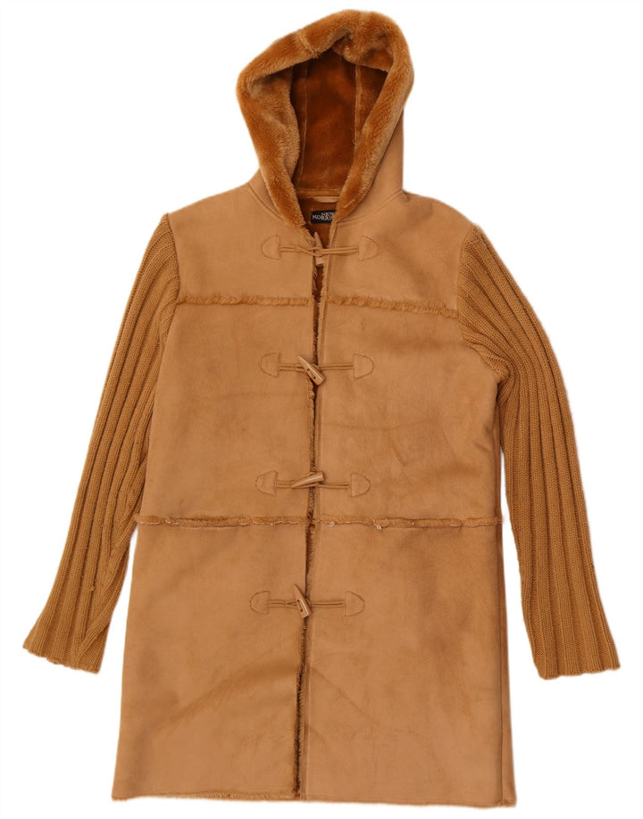 Винтажный женский дафлкот из шерпы с капюшоном, Великобритания 14, средний коричневый полиэстер