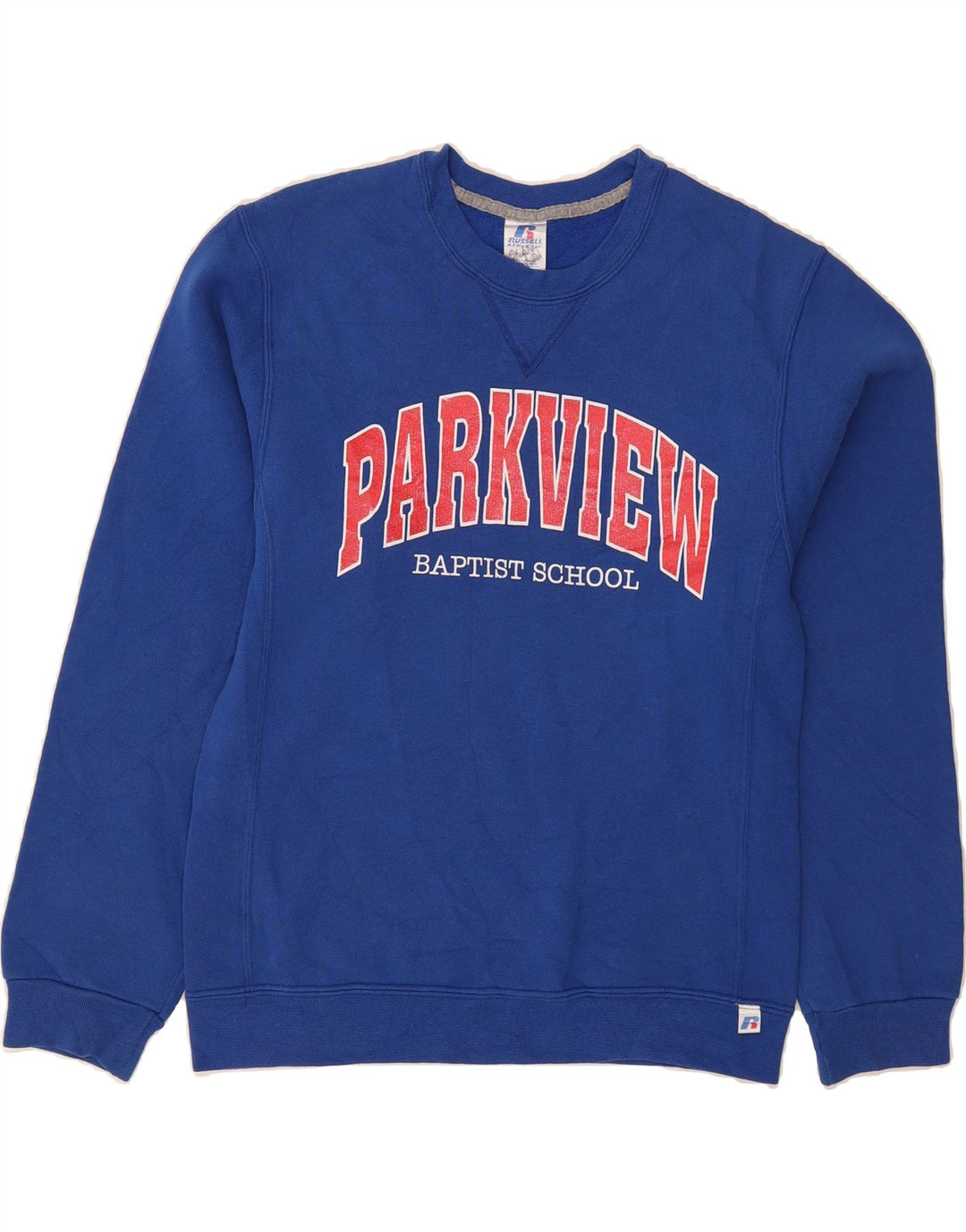 RUSSELL ATHLETIC Mens Parkview Graphic Sweatshirt Jumper Small Blue Cotton Vintage Russell Athletic and Second-Hand Russell Athletic from Messina Hembry 