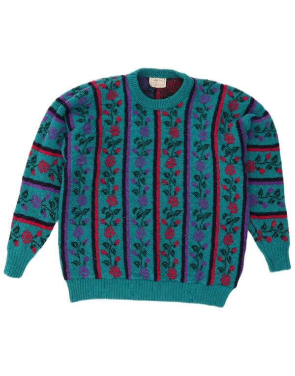 ВИНТАЖНЫЙ женский джемпер с круглым вырезом, Великобритания 16, большой бирюзовый цветочный шерстяной свитер