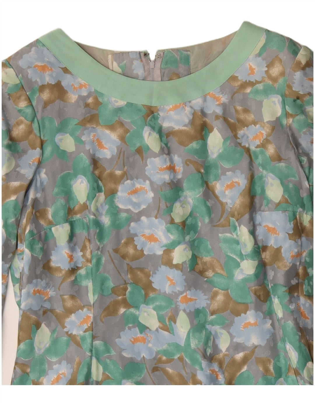 Винтажное женское платье-футляр с длинным рукавом, Великобритания 12, средний зеленый цвет с цветочным принтом