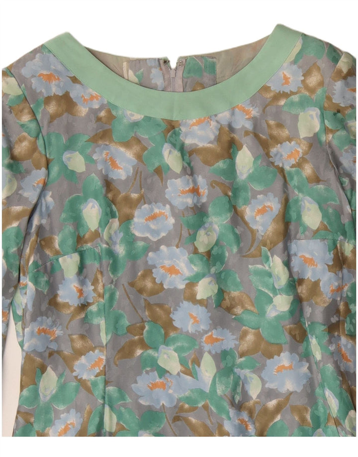 Винтажное женское платье-футляр с длинным рукавом, Великобритания 12, средний зеленый цвет с цветочным принтом