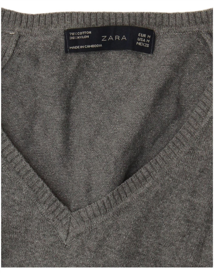 Женский джемпер с v-образным вырезом Zara UK 12, хлопковый средний серый цвет
