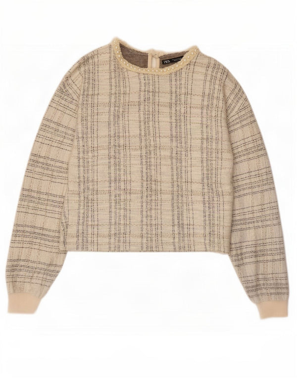 Женская укороченная блузка с длинными рукавами Zara UK 10, маленький полиэстер в бежевую клетку
