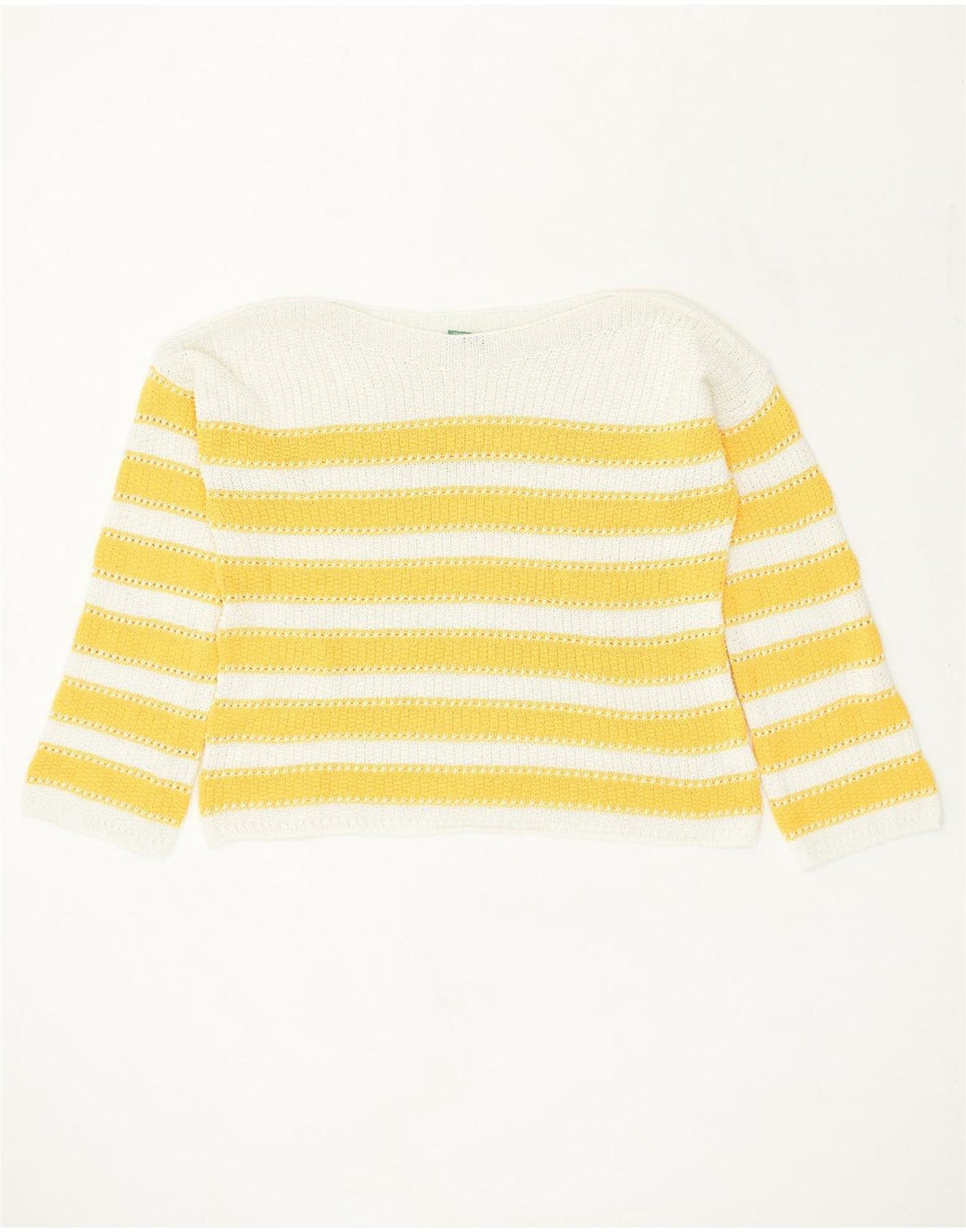 BENETTON Womens Boat Neck Jumper Sweater UK 16 Large Yellow Striped Cotton | Vintage Benetton | Thrift | Second-Hand Benetton | Used Clothing | Messina Hembry 