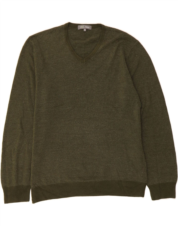 MARKS & SPENCER Mens V-Neck Jumper Sweater XL Khaki Acrylic Vintage Marks & Spencer and Second-Hand Marks & Spencer from Messina Hembry 