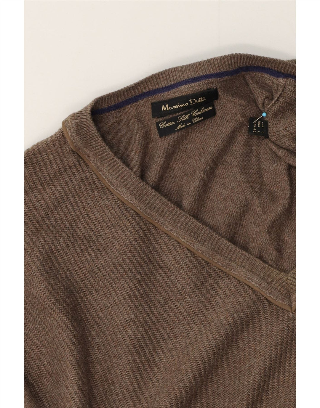 Мужской джемпер с v-образным вырезом Massimo Dutti, большой коричневый хлопковый свитер