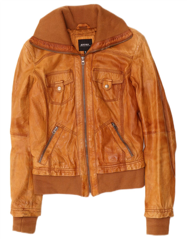 BERSHKA Женская кожаная куртка UK 12 средний коричневый кожаный