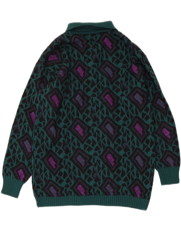 FREYA Womens Abstract Pattern Polo Neck Jumper Sweater UK 14 Medium Green Vintage Freya and Second-Hand Freya from Messina Hembry 