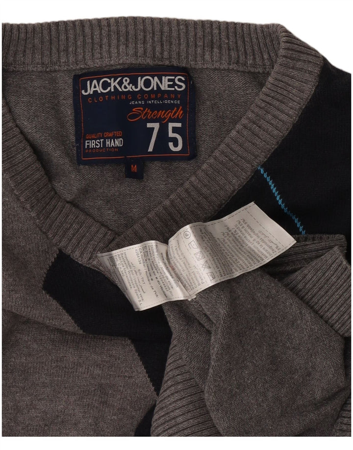 Мужской джемпер с v-образным вырезом Jack & Jones, хлопковый свитер среднего серого цвета с цветными блоками