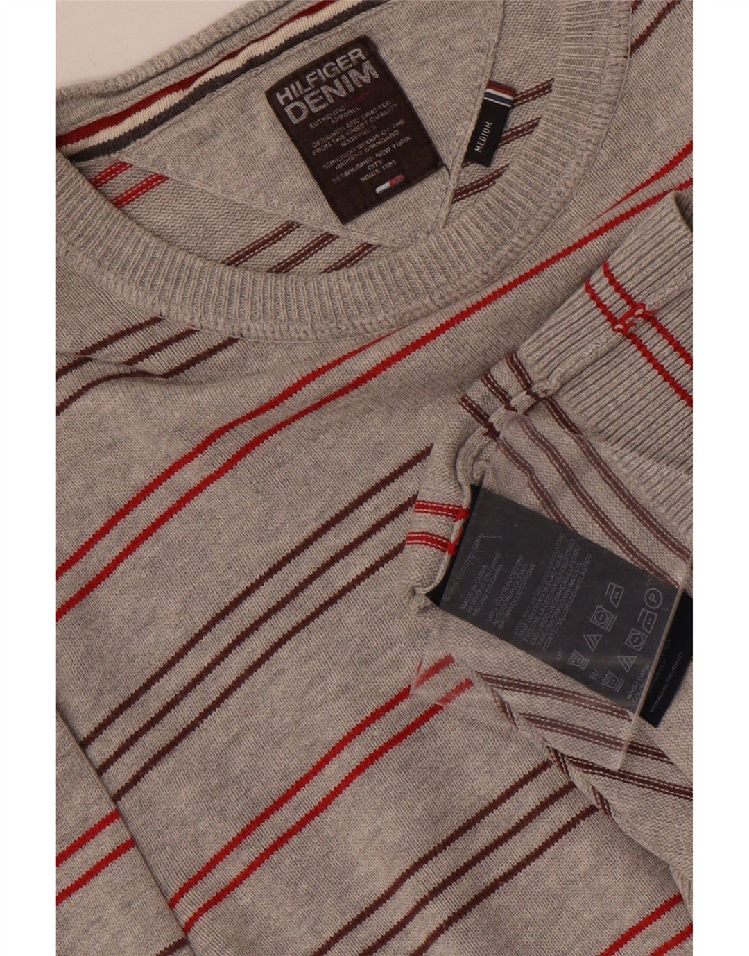 TOMMY HILFIGER Мужской джемпер с круглым вырезом, хлопковый свитер среднего серого цвета в полоску