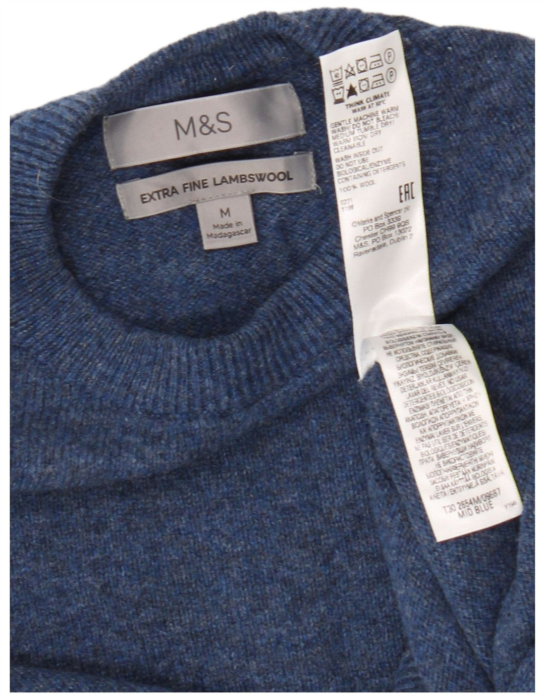 Мужской джемпер с круглым вырезом Marks & Spencer, средний синий шерстяной свитер