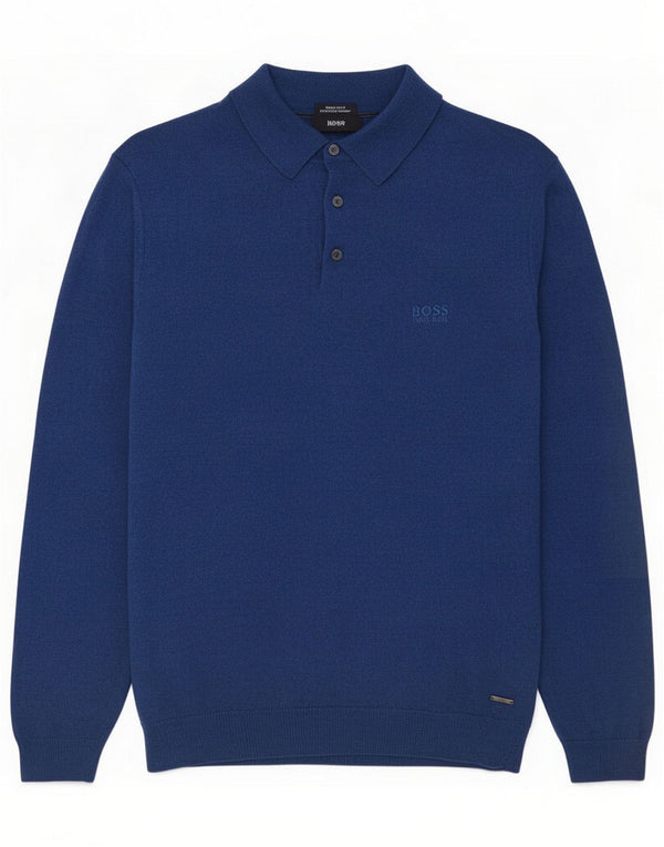 Hugo Boss Boys Polo Neck Jumper Sweater 13-14 Years XL Blue Merino Wool