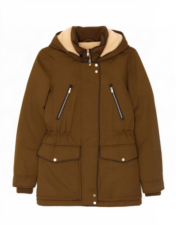 Женская парка из шерпы Zara Trafaluc с капюшоном UK 6 XS, полиэстер цвета хаки