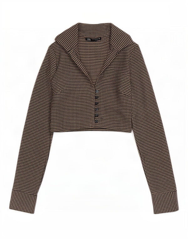 Женская укороченная блузка-рубашка Zara UK 6 XS Коричневый полиэстер с узором «гусиные лапки»