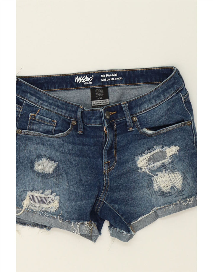 MOSSIMO Womens Power Stretch Distressed Denim Shorts US 2 XS W26 Blue Vintage Mossimo and Second-Hand Mossimo from Messina Hembry 