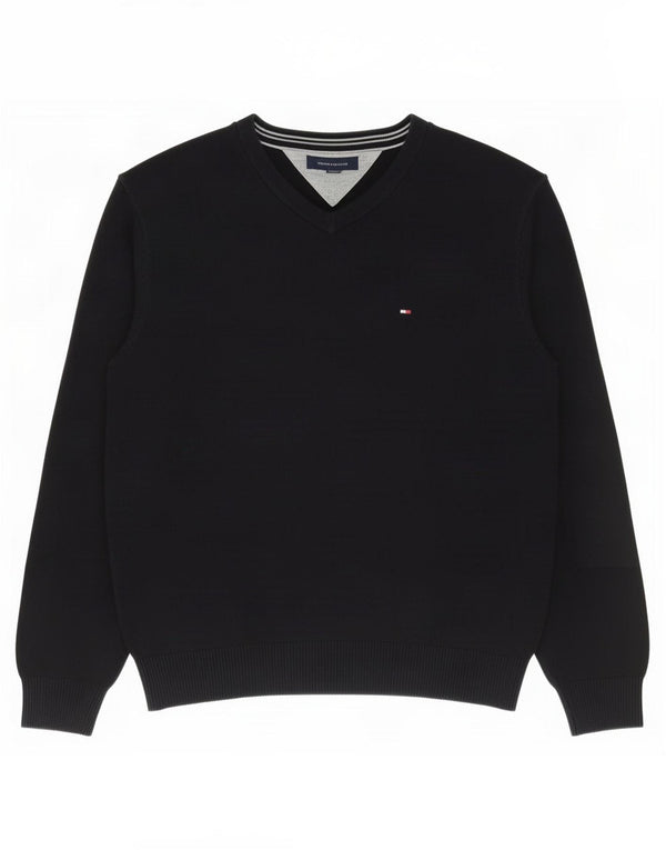Мужской джемпер с v-образным вырезом Tommy Hilfiger, большой черный хлопковый свитер
