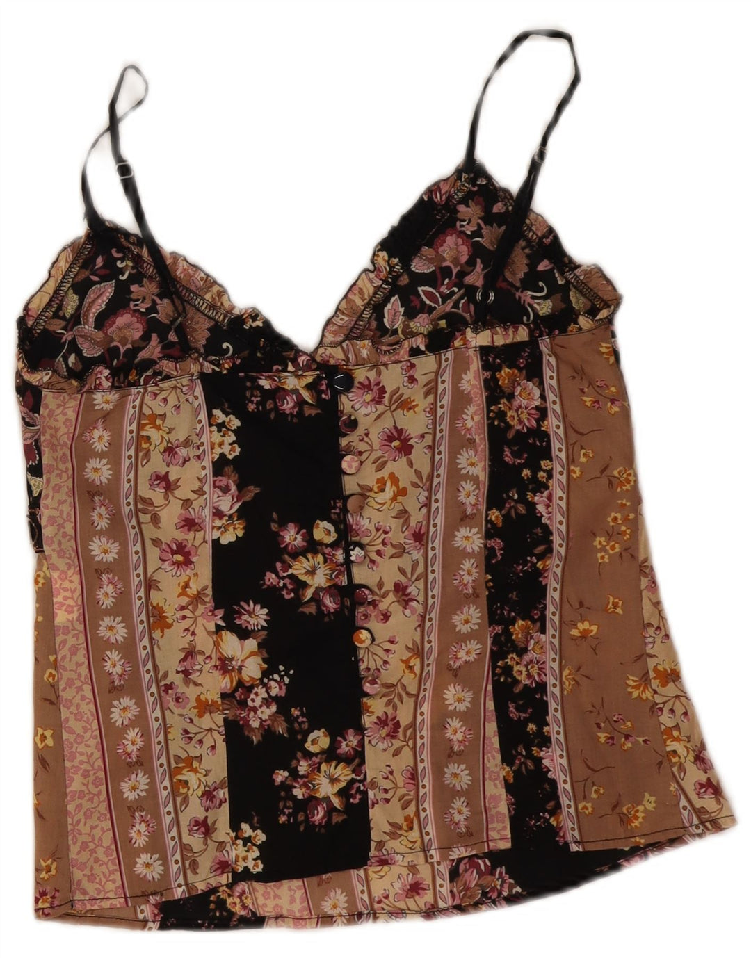 Винтажный женский укороченный топ на бретельках UK 8, маленький черный цветочный принт