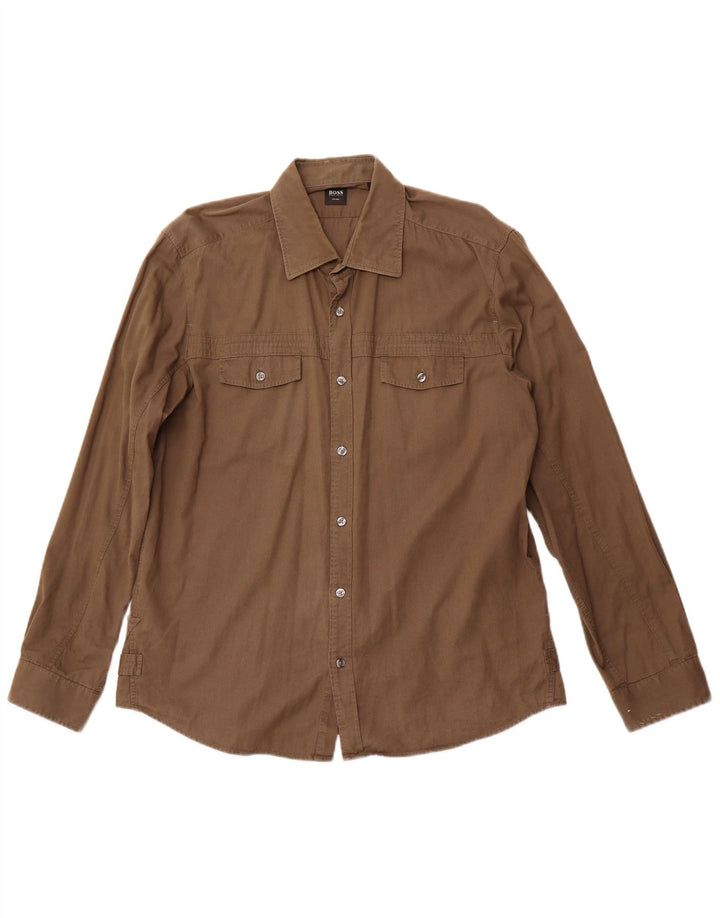 Мужская приталенная рубашка HUGO BOSS XL коричневая